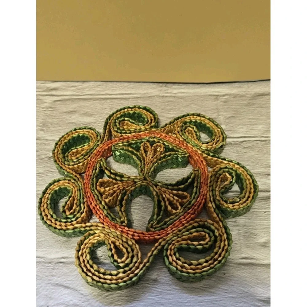 Raffia And Wicker Boho Flower Trivet Set Of Three Vintage Coiled Design